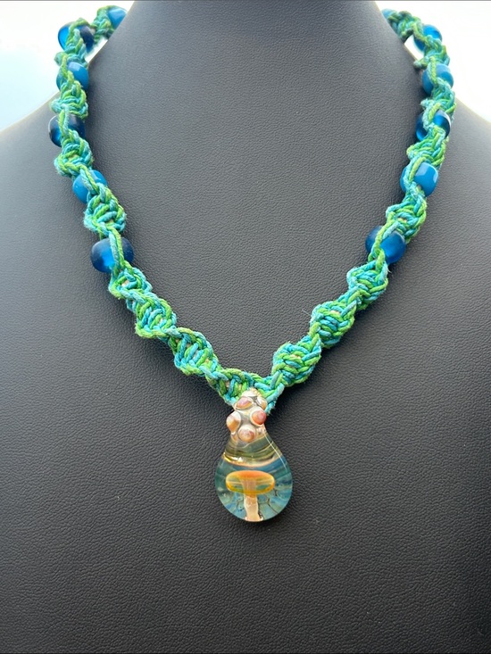 Handmade Jewelry - Blue Hemp Necklace, Glass Mushroom Handblown Pendant, Boho Choker